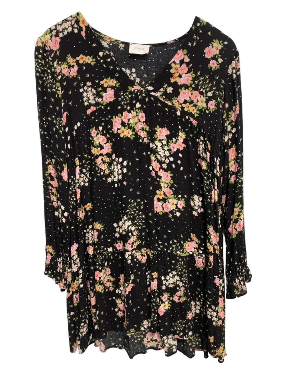 Everly Hanna Tunic Mini Dress Medium Floral Long Sleeve Black Multi Fairygoth